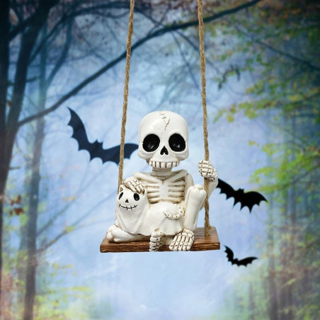 Vue de Face Figurine Tête de Mort Jardin "Petit Repos du Spectre à la Balançoire"