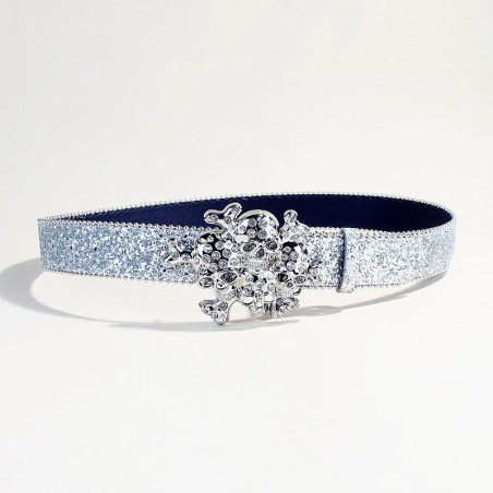 Vue generale Ceinture Tête de Mort Strass « Triple Crâne Glam Rock » Couleur Argent