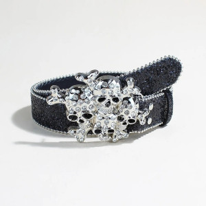 Ceinture Tête de Mort Strass « Triple Crâne Glam Rock » Couleur Noir