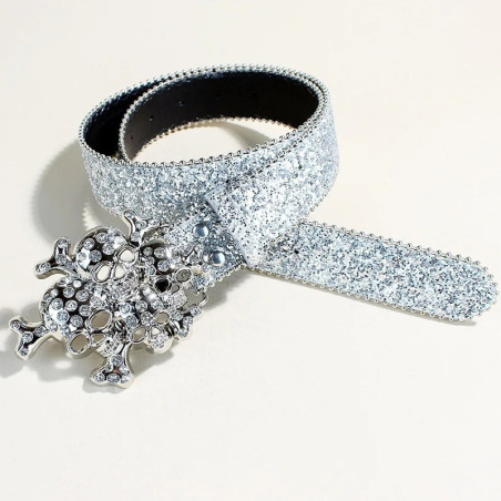 Vue de Face Ceinture Tête de Mort Strass « Triple Crâne Glam Rock » Couleur Argent