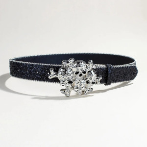 Vue generale Ceinture Tête de Mort Strass « Triple Crâne Glam Rock » Couleur Noir