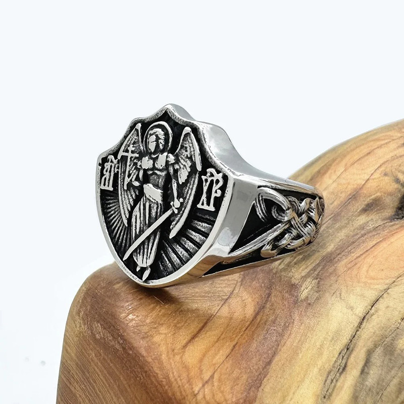 Bague Motard Tête de Mort "Archange Saint Michel Protecteur' Couleur Argent