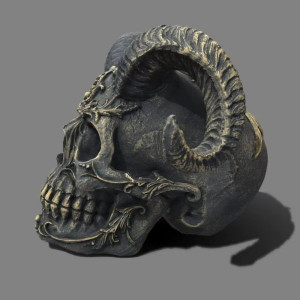 Vue lattérale du Crâne Décoratif Tête de Mort Démon Cornu Baroque