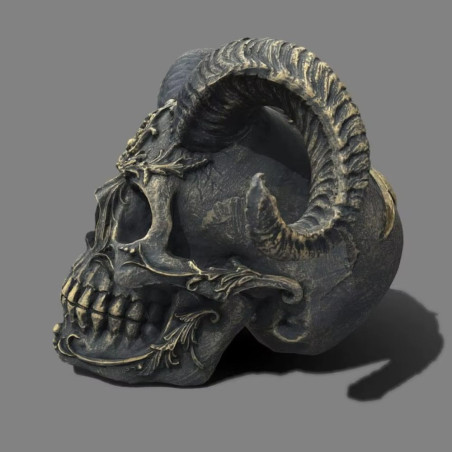 Vue lattérale du Crâne Décoratif Tête de Mort Démon Cornu Baroque