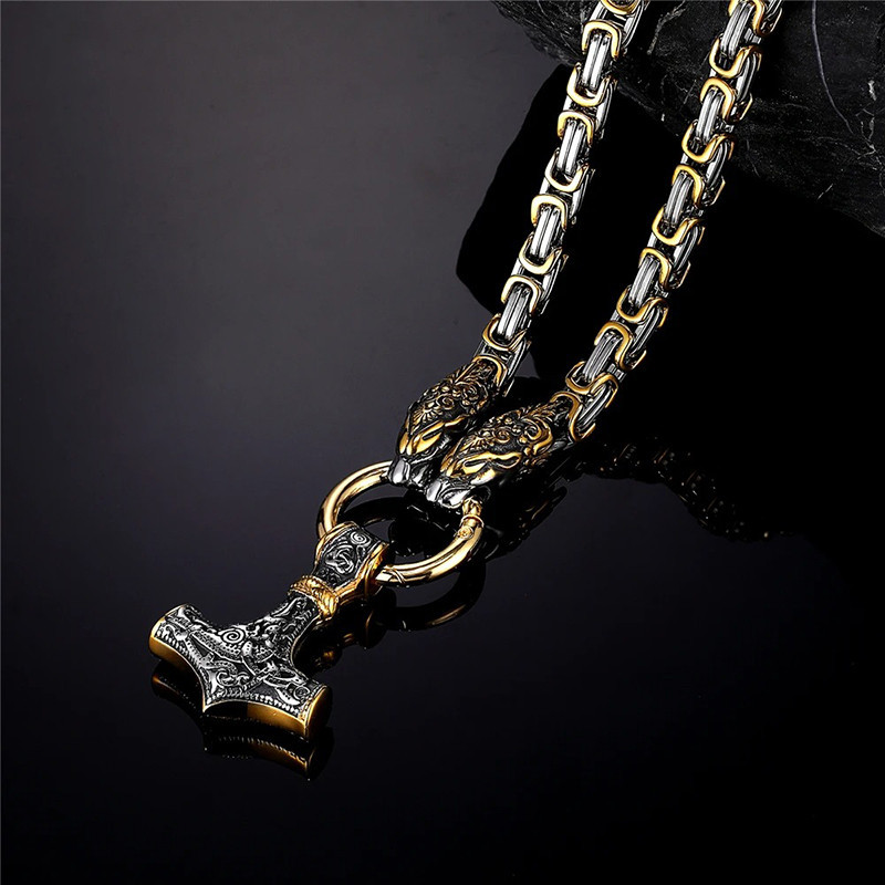Collier Viking Marteau de Thor Chaîne Royale Loups Nordiques Modele 3