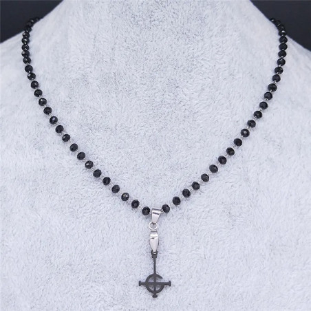 Collier Chapelet Gothique "Croix Inversée Occulte" Couleur Noir