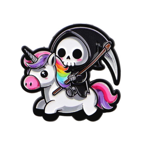 Vue Generale Pins Tête de Mort Fun "Faucheuse Licorne Arc-en-Ciel"