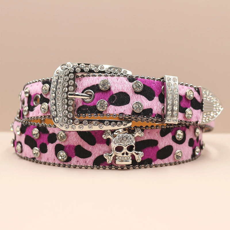 Ceinture Tête de Mort Léopard Strass « Skull Glam Sauvage Couleur Rose