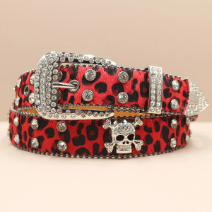 Ceinture Tête de Mort Léopard Strass « Skull Glam Sauvage Couleur Rouge