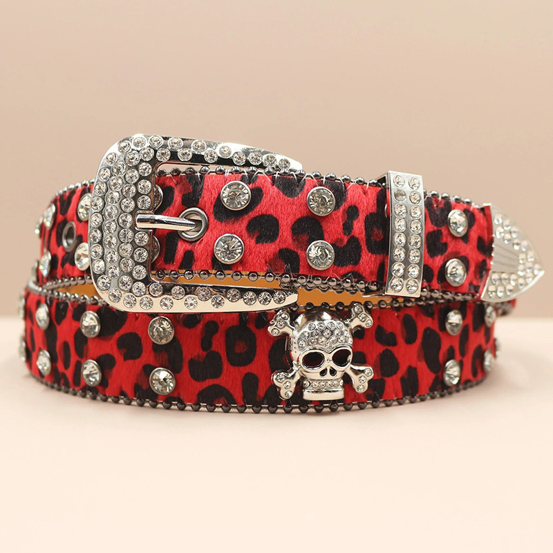 Ceinture Tête de Mort Léopard Strass « Skull Glam Sauvage Couleur Rouge