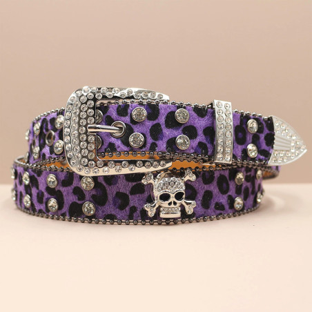 Ceinture Tête de Mort Léopard Strass « Skull Glam Sauvage Couleur Violet