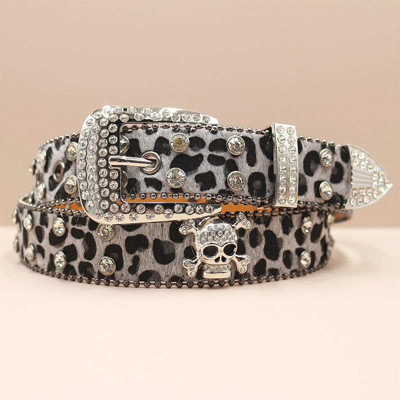 Ceinture Tête de Mort Léopard Strass « Skull Glam Sauvage Couleur gris