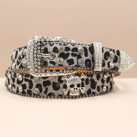 Ceinture Tête de Mort Léopard Strass « Skull Glam Sauvage Couleur gris