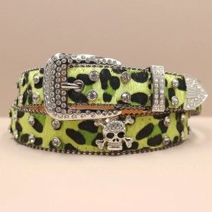 Ceinture Tête de Mort Léopard Strass « Skull Glam Sauvage Couleur Vert Clair