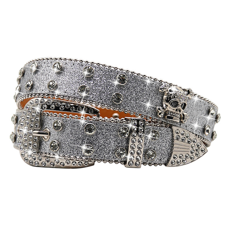 Ceinture Tête de Mort Léopard Strass « Skull Glam Sauvage Couleur Gria Fonce