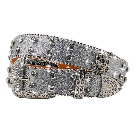 Ceinture Tête de Mort Léopard Strass « Skull Glam Sauvage Couleur Gria Fonce