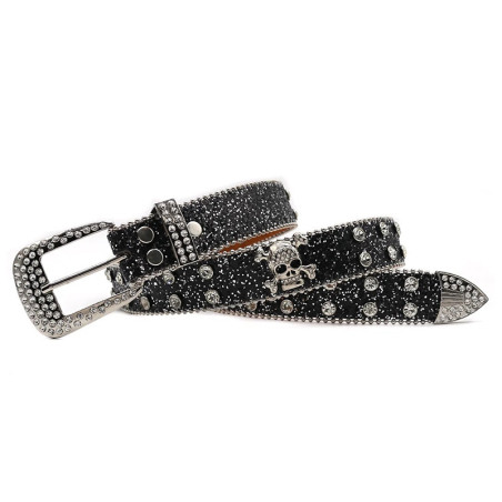 Vue de face Ceinture Tête de Mort Léopard Strass « Skull Glam Sauvage »  Multiples couleurs au choix !