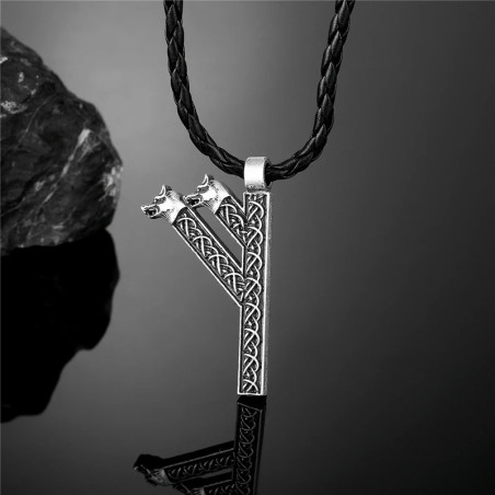 Collier Viking Rune Fehu Double Tête de Loup  Couleur Noir