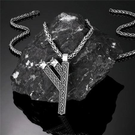 Collier Viking Rune Fehu Double Tête de Loup  Couleur Argent