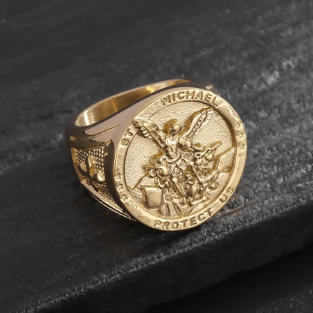 Bague Motard Saint Michel "Archange Protecteur “Protect Us” Couleur or