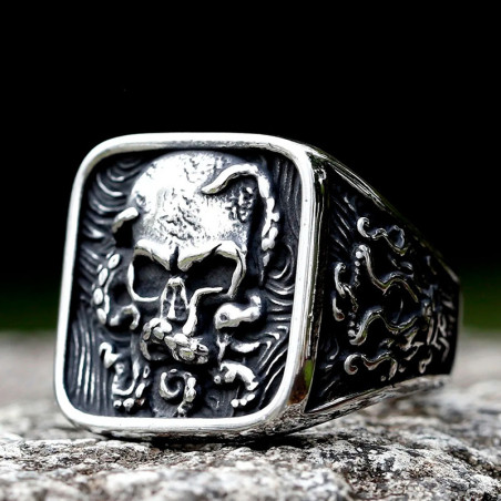 Vue Laterale Bague Kraken Tête de Mort - Skull Tentacules Abyssales