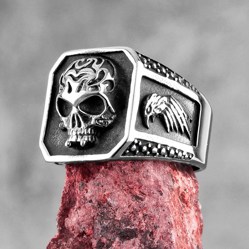Bague Motard Tête de Mort "Skull Hellfire Aigle Rebelle"