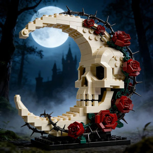 Set de Construction Crâne de Lune - Croissant de Squelette et Roses Mystiques "Moonlight Skull"