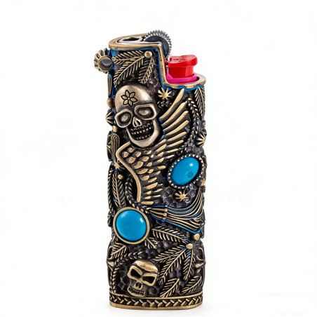 Vue generale Étui Briquet Tête de Mort BIC J5 - J25 Squelette Turquoise Tribal