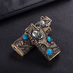 Avant Étui Briquet Tête de Mort BIC J5 - J25 Squelette Turquoise Tribal
