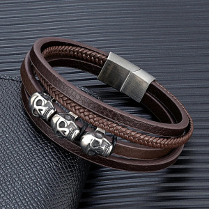 Bracelet Tête de Mort “Triple Héritage Macabre” Couleur Marron