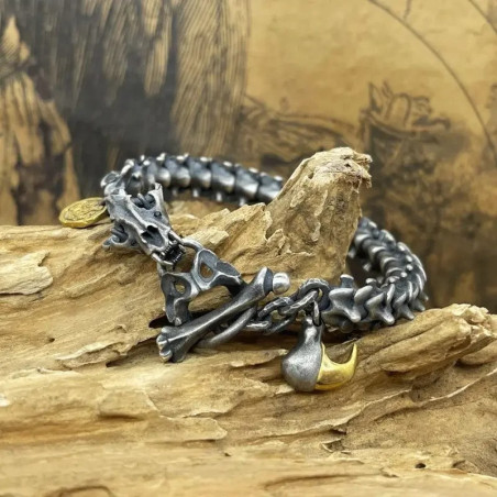 Vue de face Bracelet Tête de Mort Colonne Vertébrale Squelette T-Rex