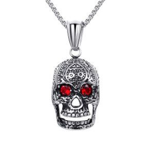 Collier Tête de Mort Calavera "Regard Rubis" Couleur Argent