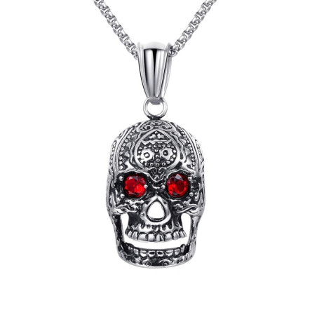 Collier Tête de Mort Calavera "Regard Rubis" Couleur Argent