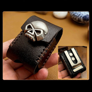 Étui Briquet Tête de Mort Zippo Cuir Crâne Punk Cousu Main