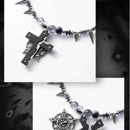 Détails Collier Tête de Mort Gothique Croix des Épines Noires