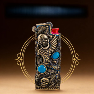 Étui Briquet Tête de Mort BIC J3 Squelette Turquoise Tribal