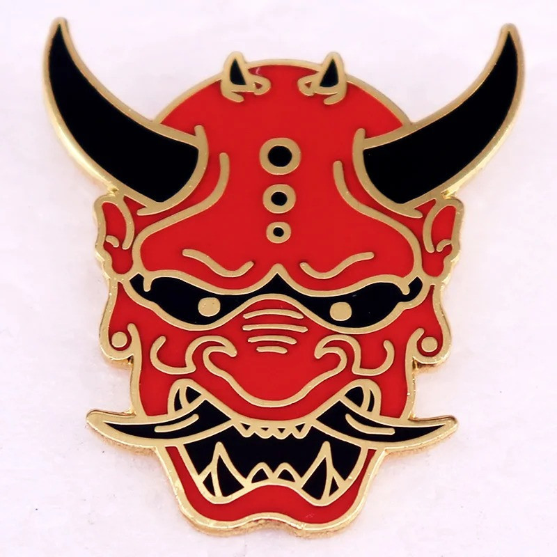 Vue de Face Pins Broche Japonaise “Masque Oni Rouge Impérial”