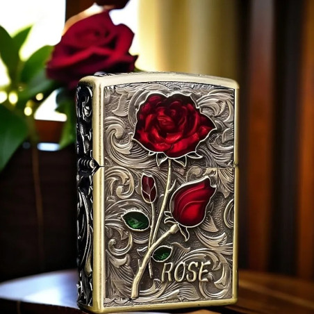 Briquet Rock Rose Gravée Gothique “Rose Éternelle” Couleur Rouge