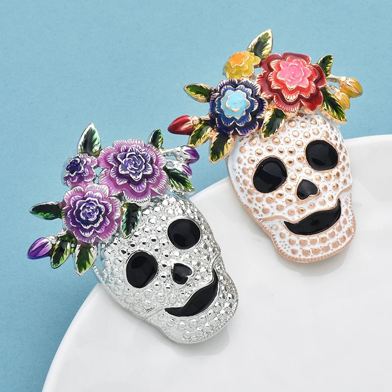 Broche Tête de Mort Mexicaine “Calavera Florale Améthyste”