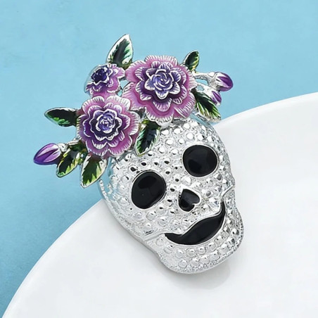 Broche Tête de Mort Mexicaine “Calavera Florale Améthyste” Couleur Violet