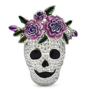 Vue generale Broche Tête de Mort Mexicaine “Calavera Florale Améthyste” Couleur Violet