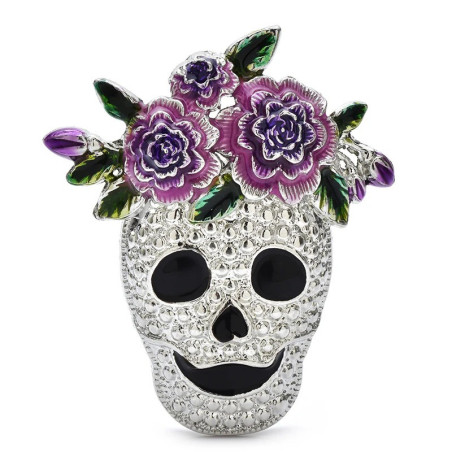 Vue generale Broche Tête de Mort Mexicaine “Calavera Florale Améthyste” Couleur Violet