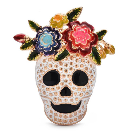 Vue generale Broche Tête de Mort Mexicaine “Calavera Florale Améthyste” Couleur Multi
