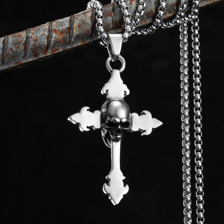 Magnifique Collier Tête de Mort Croix du Dernier Requiem