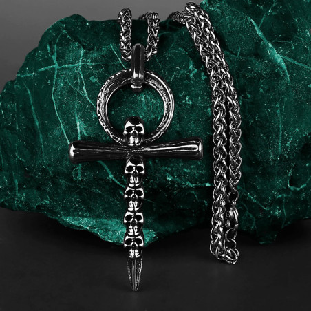 Vue de face Collier Tête de Mort "Ankh des Âmes Éternelles"
