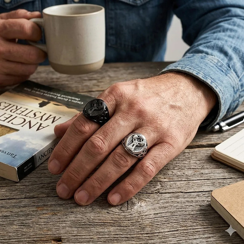 Vue portee Bague Biker Croix et Triquetra - 2 couleurs au choix !