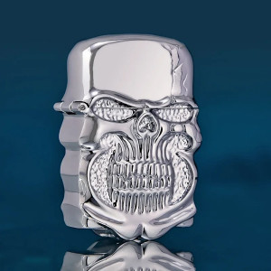 Briquet Tête de Mort Crâne Massif Chromé “Rictus Brutal” Couleur Argent