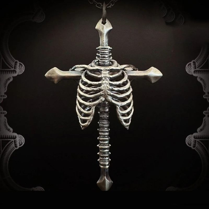 Avant Pendentif Goth Rock Croix Cage Thoracique Tête de Mort