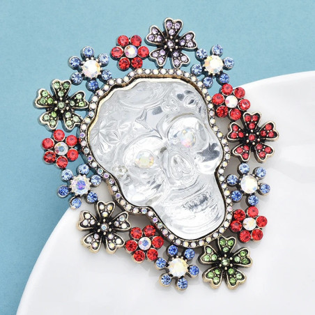 Vue de cote Broche Tête de Mort Mexicaine “Cristal des Âmes Fleuries”