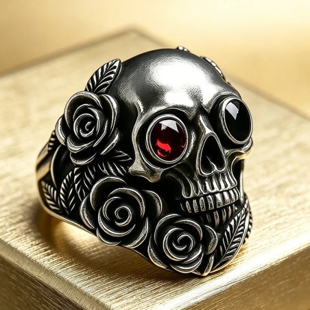 Bague Tête de Mort Roses et Oeil Rubis